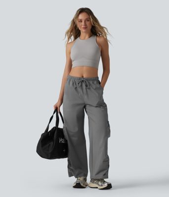 Mid Rise Drawstring Baggy Workout Cargo Pants with Pockets