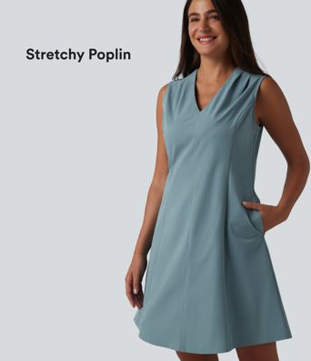 V-neck Sleeveless Pleated Invisible Zipper Mini A-line Stretchy Poplin Work Dress with Pockets