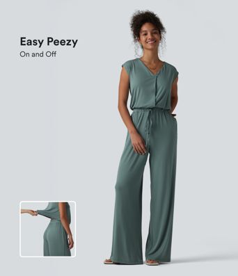 V-neck Sleeveless Drawstring Casual Jumpsuit with Pockets-Easy Peezy