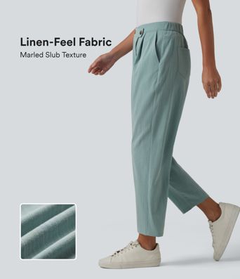 Asymmetric High Waisted Tapered Work Linen-Feel Pants with Pockets