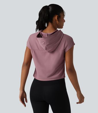 Hooded Cap Sleeve Cropped Breathable Mesh Cool Touch Quick Dry Running Sports Top-UPF50+