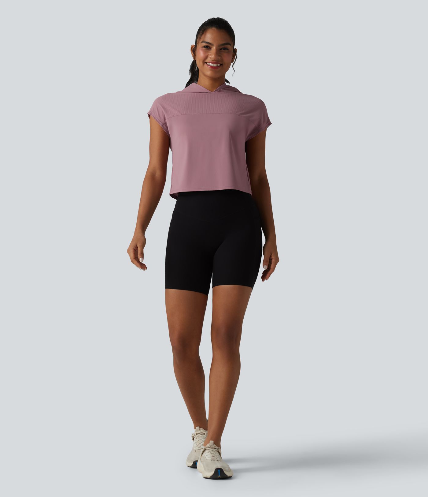 Hooded Cap Sleeve Cropped Breathable Mesh Cool Touch Quick Dry Running Sports Top-UPF50+