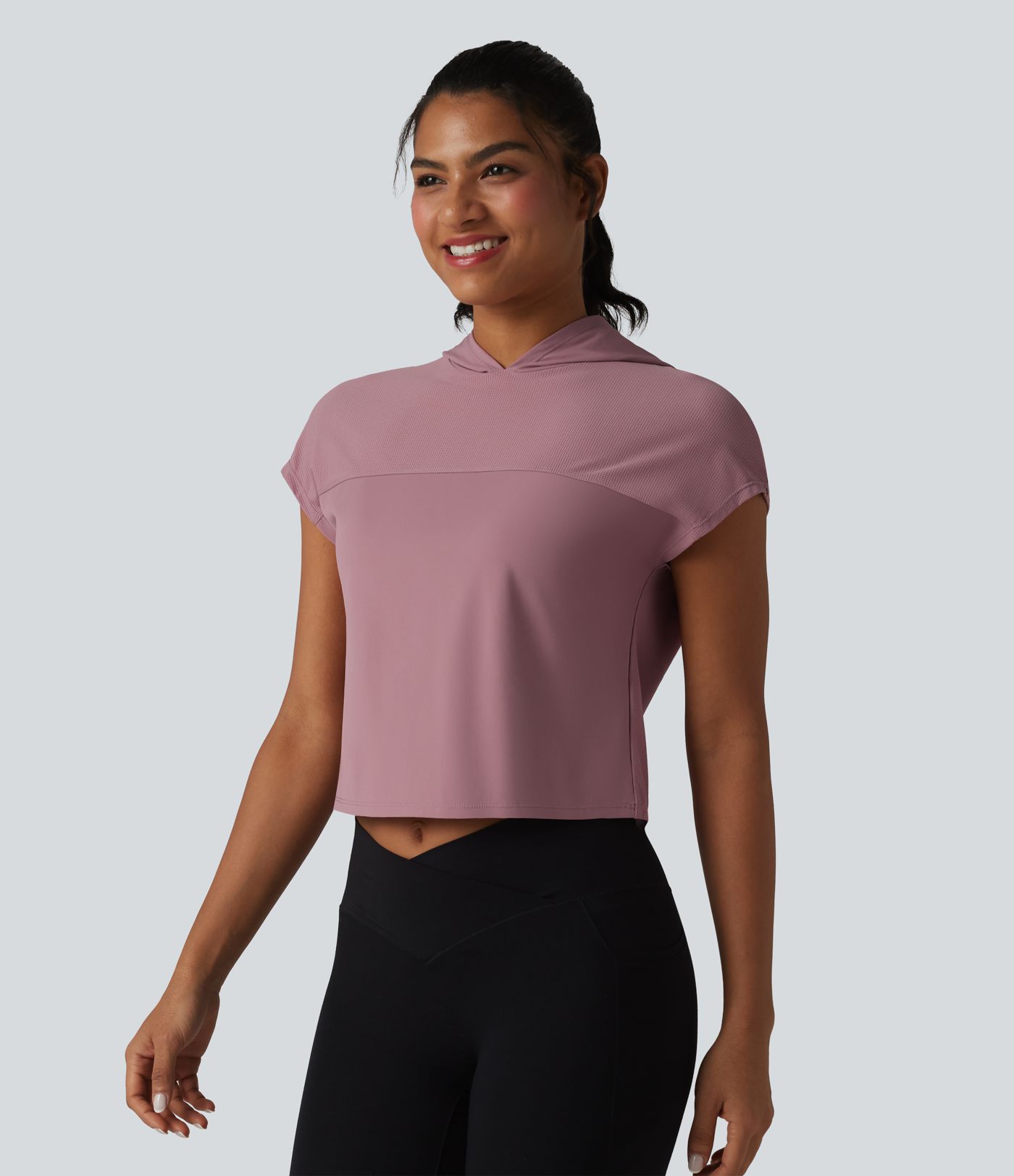 Hooded Cap Sleeve Cropped Breathable Mesh Cool Touch Quick Dry Running Sports Top-UPF50+