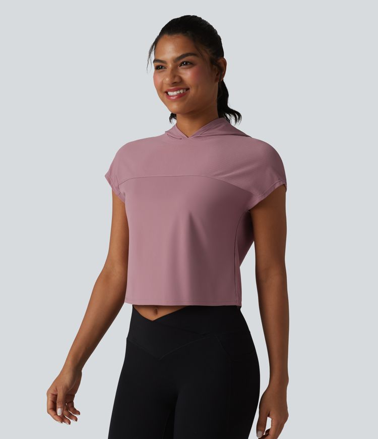Hooded Cap Sleeve Cropped Breathable Mesh Cool Touch Quick Dry Running Sports Top-UPF50+