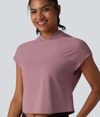 Hooded Cap Sleeve Cropped Breathable Mesh Cool Touch Quick Dry Running Sports Top-UPF50+