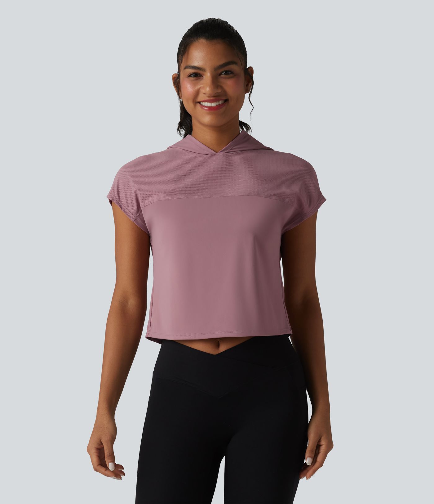 Hooded Cap Sleeve Cropped Breathable Mesh Cool Touch Quick Dry Running Sports Top-UPF50+