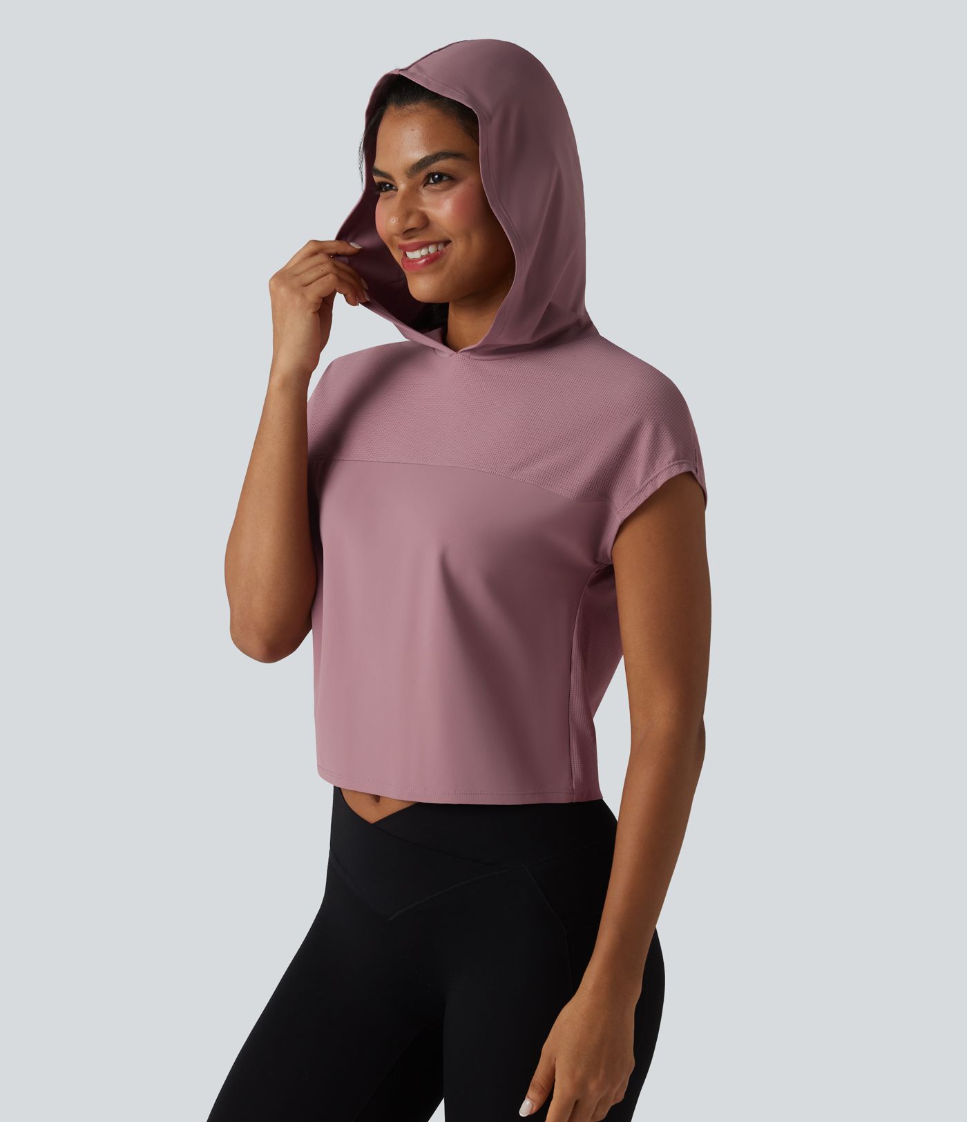 Hooded Cap Sleeve Cropped Breathable Mesh Cool Touch Quick Dry Running Sports Top-UPF50+