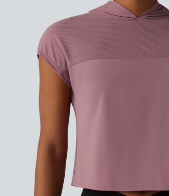 Hooded Cap Sleeve Cropped Breathable Mesh Cool Touch Quick Dry Running Sports Top-UPF50+