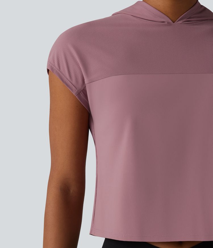 Hooded Cap Sleeve Cropped Breathable Mesh Cool Touch Quick Dry Running Sports Top-UPF50+