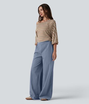 Lässige Hose mit hohem Bund, mehreren Taschen und weitem Bein Lässige Hose mit hohem Bund, mehreren Taschen und weitem Bein