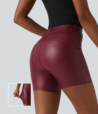 High Waisted Stretchy PU Casual Biker Shorts 5'' with Pockets