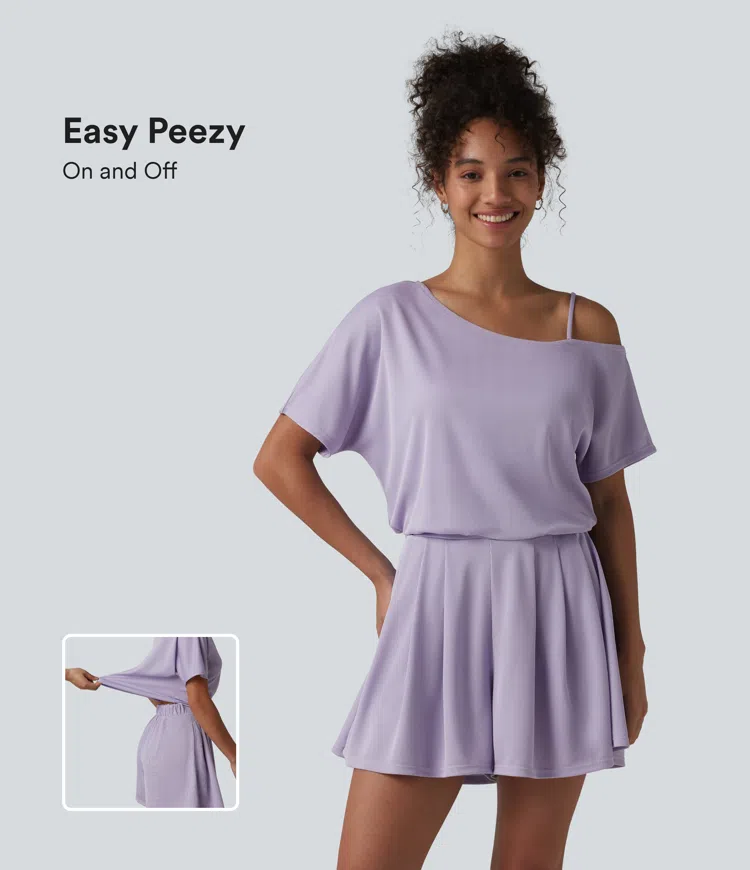 One Shoulder Short Sleeve Pleated Waffle Casual Romper with Pockets-Easy Peezy Edition