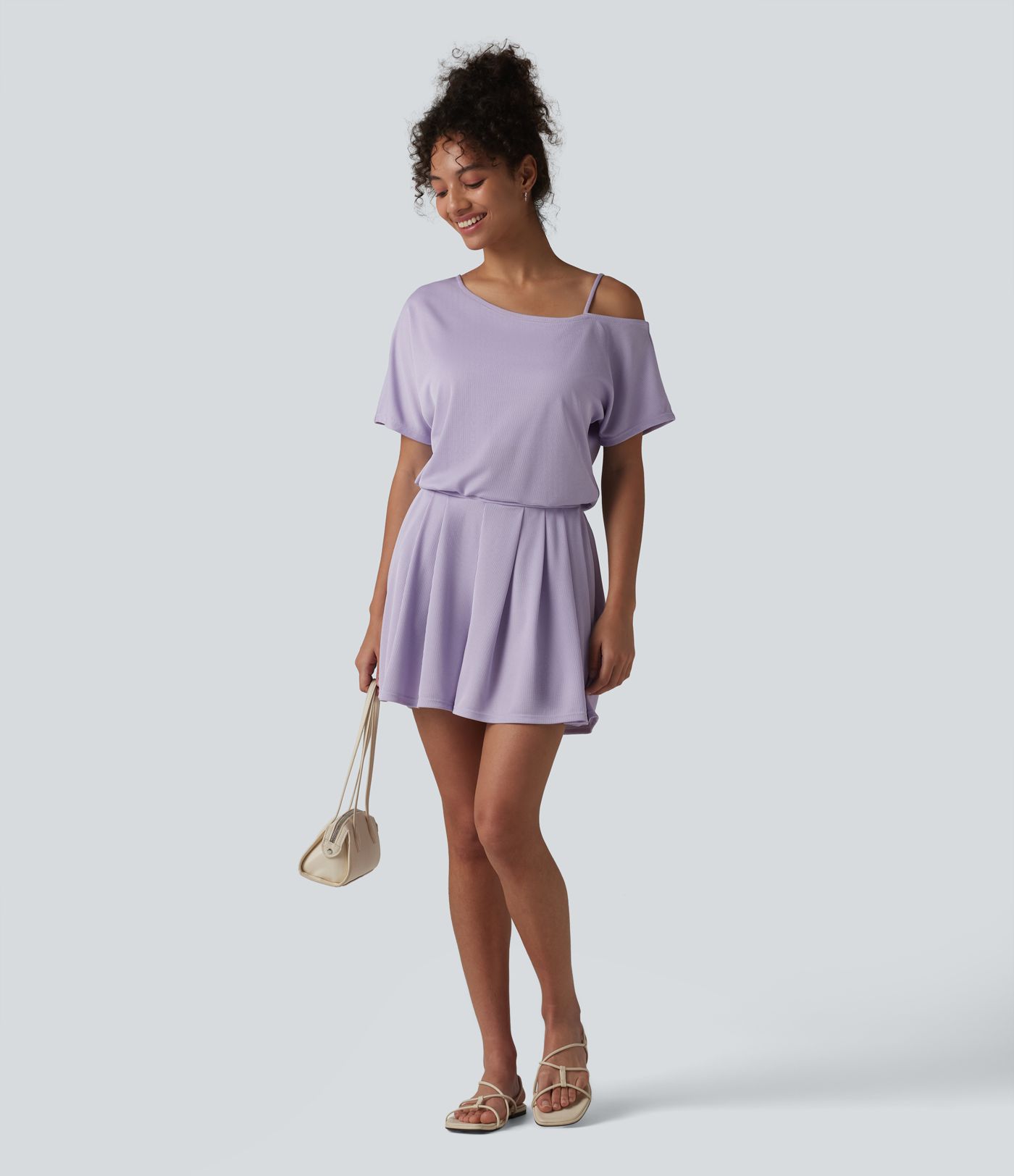 One Shoulder Short Sleeve Pleated Waffle Casual Romper with Pockets-Easy Peezy Edition