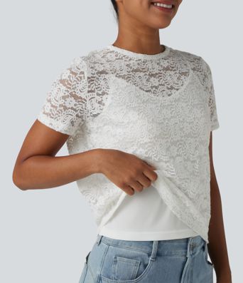 Round Neck Short Sleeve Lace 2-in-1 Casual T-Shirt