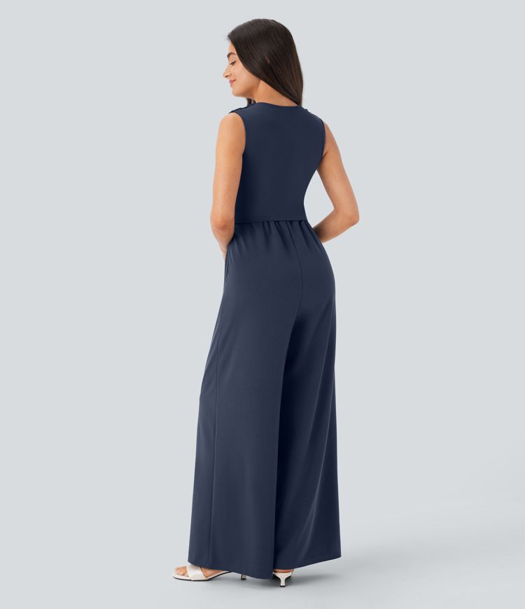 Ärmelloser, geraffter Party-Jumpsuit mit V-Ausschnitt, Seitentaschen und unsichtbarem Reißverschluss - pipi-praktisch Ärmelloser, geraffter Party-Jumpsuit mit V-Ausschnitt, Seitentaschen und unsichtbarem Reißverschluss - pipi-praktisch