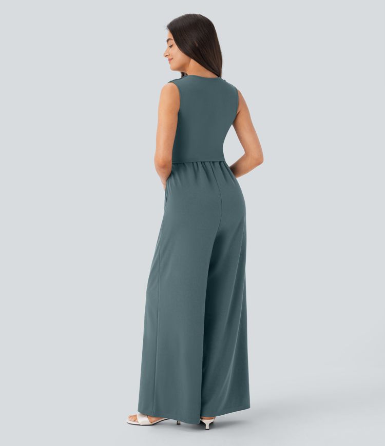 Ärmelloser, geraffter Party-Jumpsuit mit V-Ausschnitt, Seitentaschen und unsichtbarem Reißverschluss - pipi-praktisch Ärmelloser, geraffter Party-Jumpsuit mit V-Ausschnitt, Seitentaschen und unsichtbarem Reißverschluss - pipi-praktisch