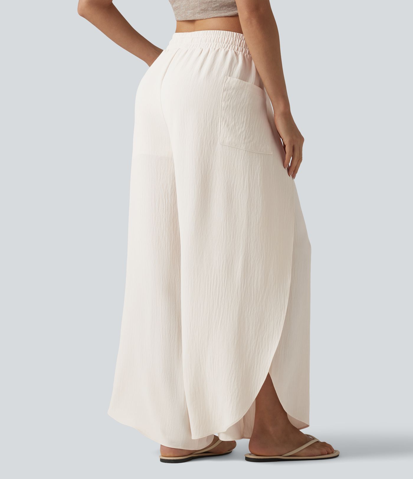 Mid Rise Drawstring Split Linen-Feel Casual Baggy Pants with Pockets