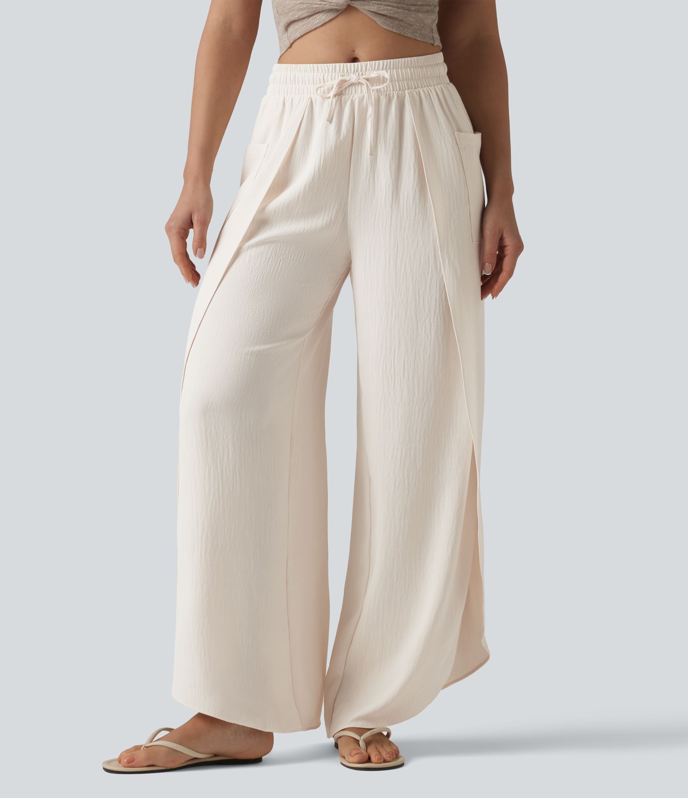 Mid Rise Drawstring Split Linen-Feel Casual Baggy Pants with Pockets