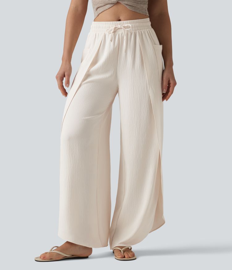 Mid Rise Drawstring Split Linen-Feel Casual Baggy Pants with Pockets