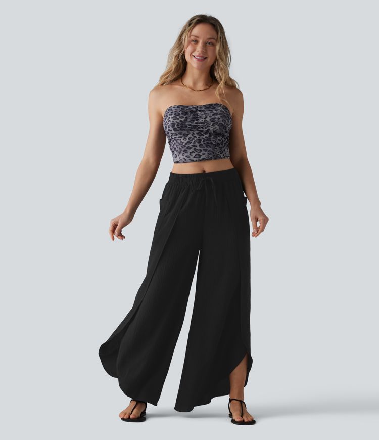 Mid Rise Drawstring Split Linen-Feel Casual Baggy Pants with Pockets