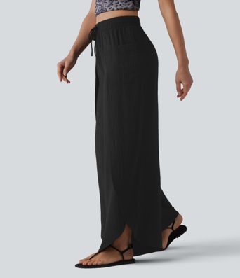 Mid Rise Drawstring Split Linen-Feel Casual Baggy Pants with Pockets