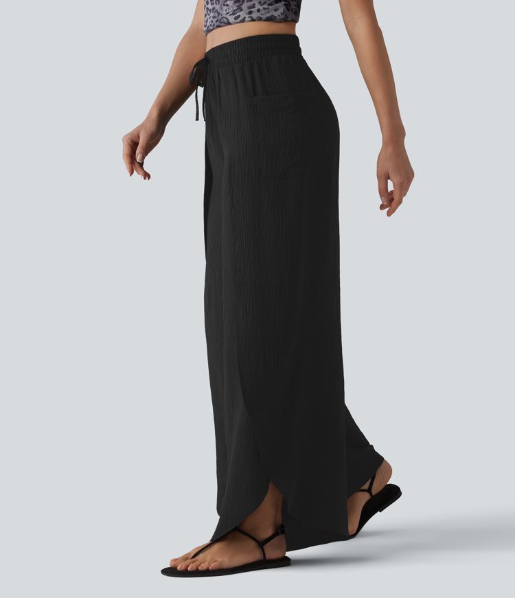 Mid Rise Drawstring Split Linen-Feel Casual Baggy Pants with Pockets