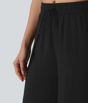 Mid Rise Drawstring Split Linen-Feel Casual Baggy Pants with Pockets