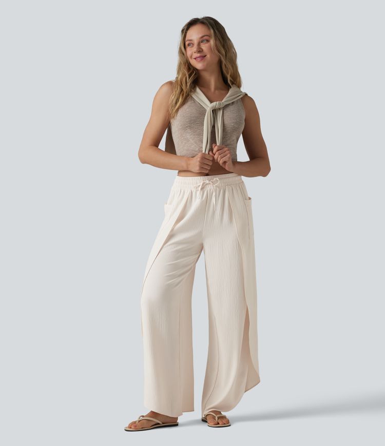 Mid Rise Drawstring Split Linen-Feel Casual Baggy Pants with Pockets