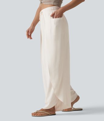 Mid Rise Drawstring Split Linen-Feel Casual Baggy Pants with Pockets