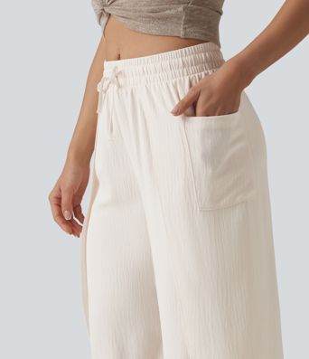 Mid Rise Drawstring Split Linen-Feel Casual Baggy Pants with Pockets