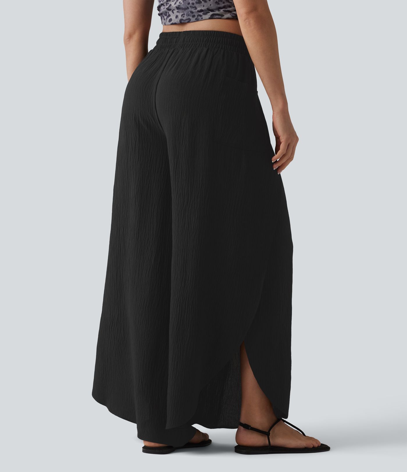 Mid Rise Drawstring Split Linen-Feel Casual Baggy Pants with Pockets