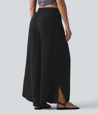 Mid Rise Drawstring Split Linen-Feel Casual Baggy Pants with Pockets