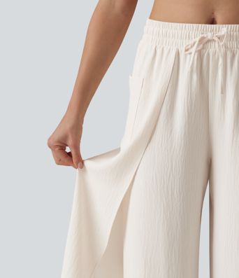 Mid Rise Drawstring Split Linen-Feel Casual Baggy Pants with Pockets