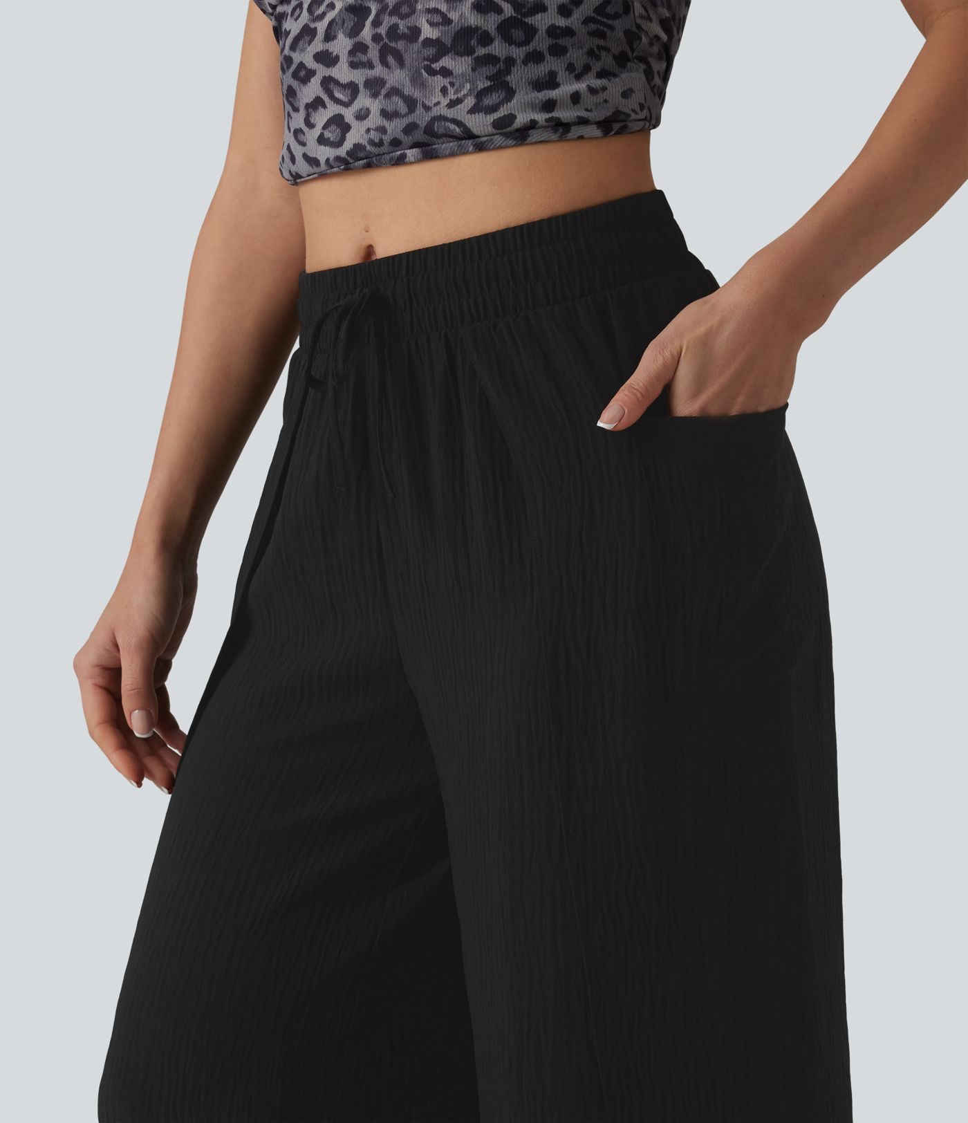 Mid Rise Drawstring Split Linen-Feel Casual Baggy Pants with Pockets
