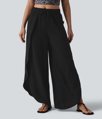 Mid Rise Drawstring Split Linen-Feel Casual Baggy Pants with Pockets