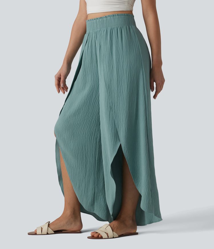High Waisted Flowy Wide Leg Casual Linen-Feel Pants