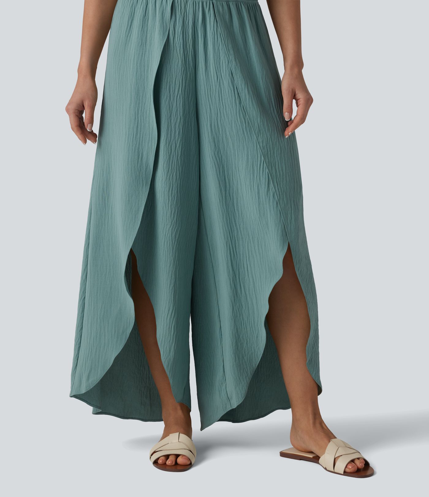High Waisted Flowy Wide Leg Casual Linen-Feel Pants