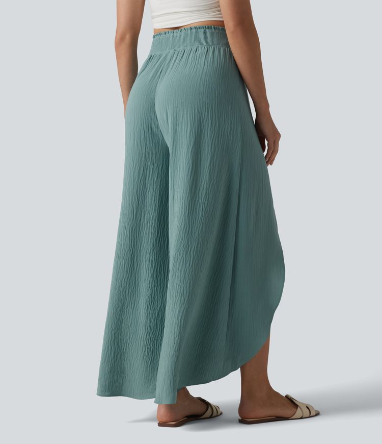 High Waisted Flowy Wide Leg Casual Linen-Feel Pants