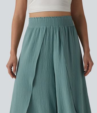 High Waisted Flowy Wide Leg Casual Linen-Feel Pants