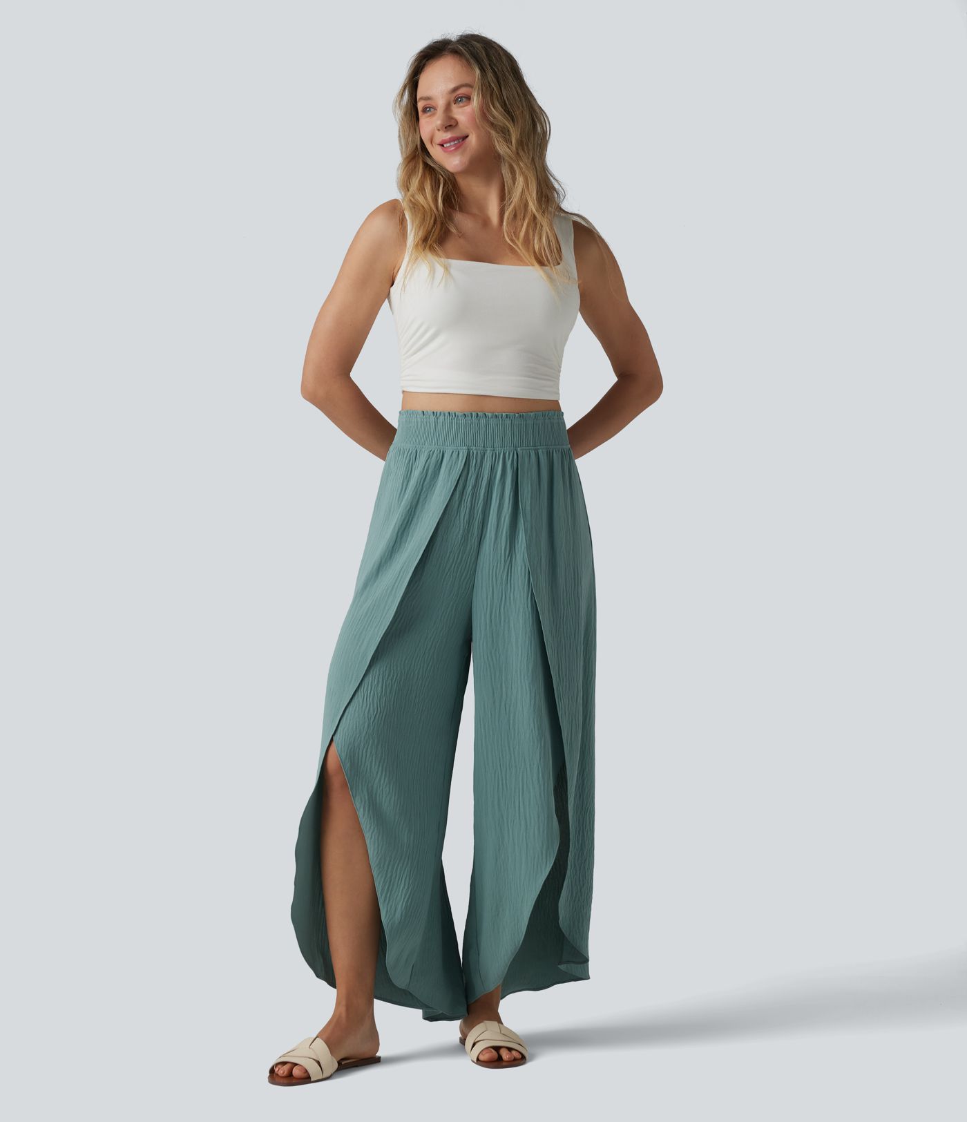 High Waisted Flowy Wide Leg Casual Linen-Feel Pants