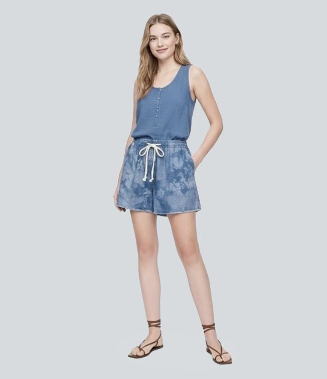 Halara Flex™ Denim Tie Dye Mid Rise Drawstring Resort Wide Leg Shorts with Pockets