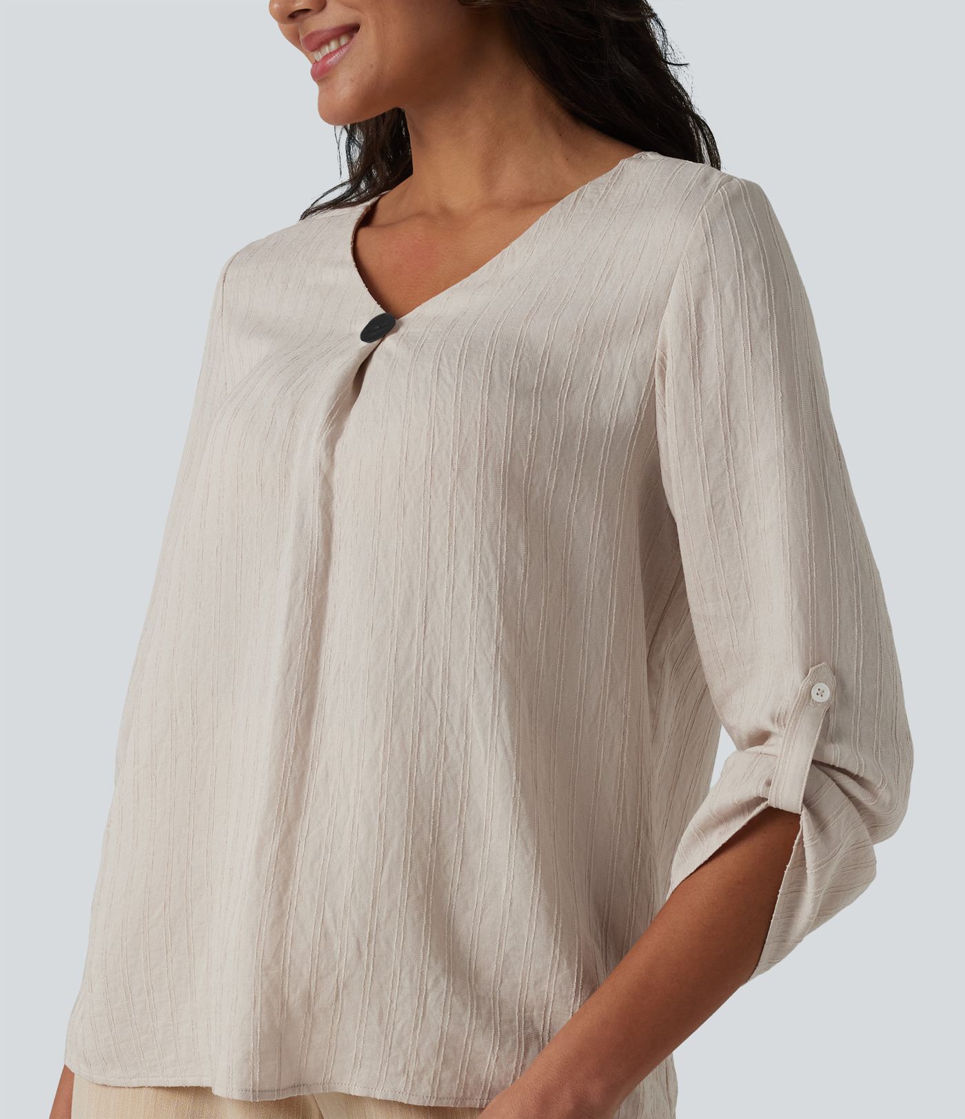 V-neck Roll Up Sleeve Linen-Blend Casual Top