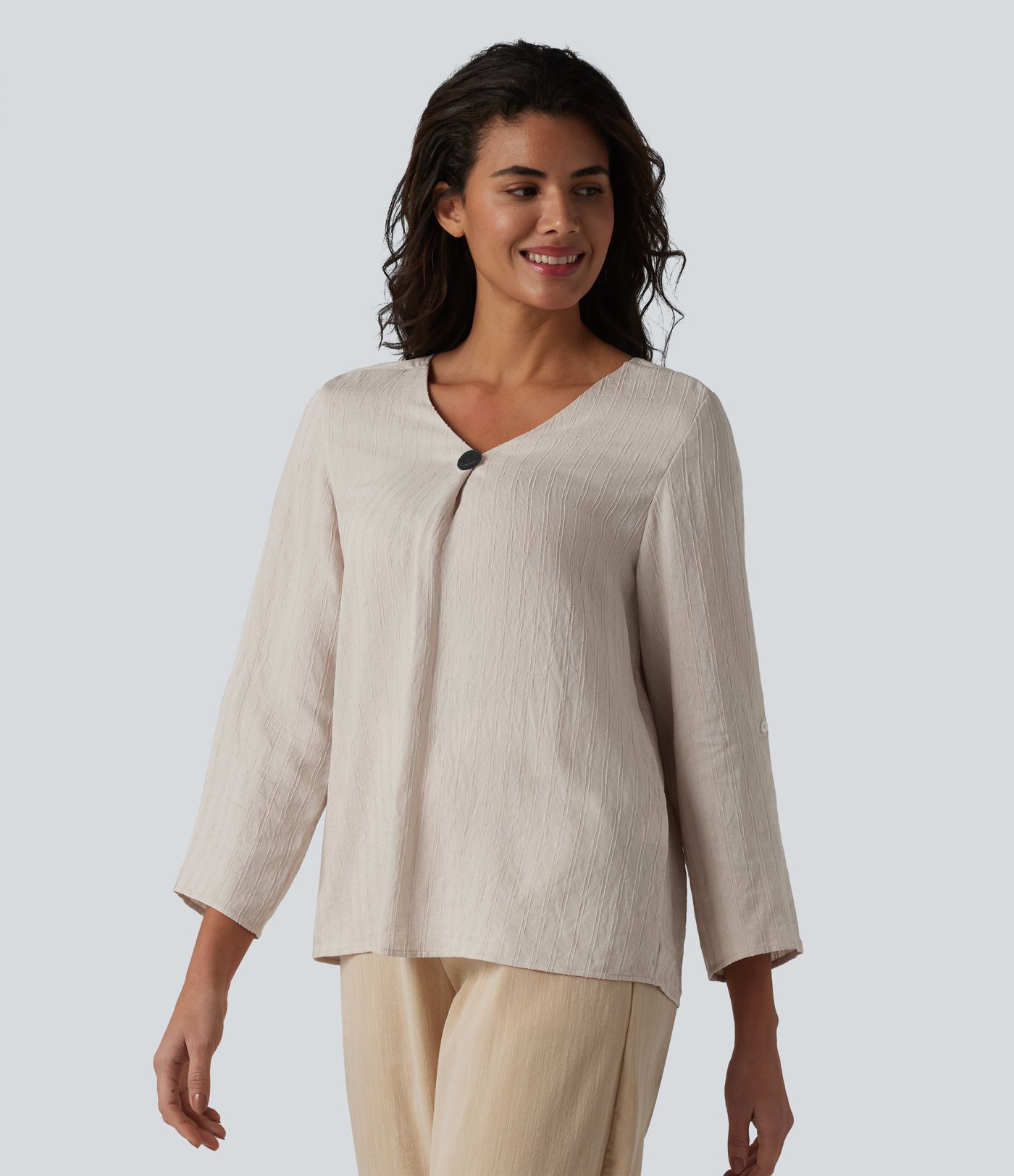 V-neck Roll Up Sleeve Linen-Blend Casual Top