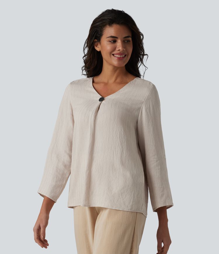 V-neck Roll Up Sleeve Linen-Blend Casual Top