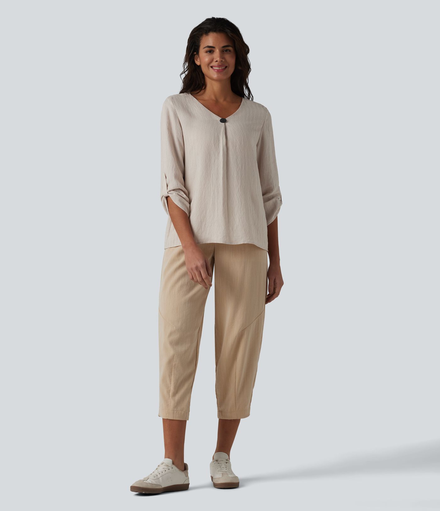 V-neck Roll Up Sleeve Linen-Blend Casual Top