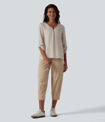 V-neck Roll Up Sleeve Linen-Blend Casual Top