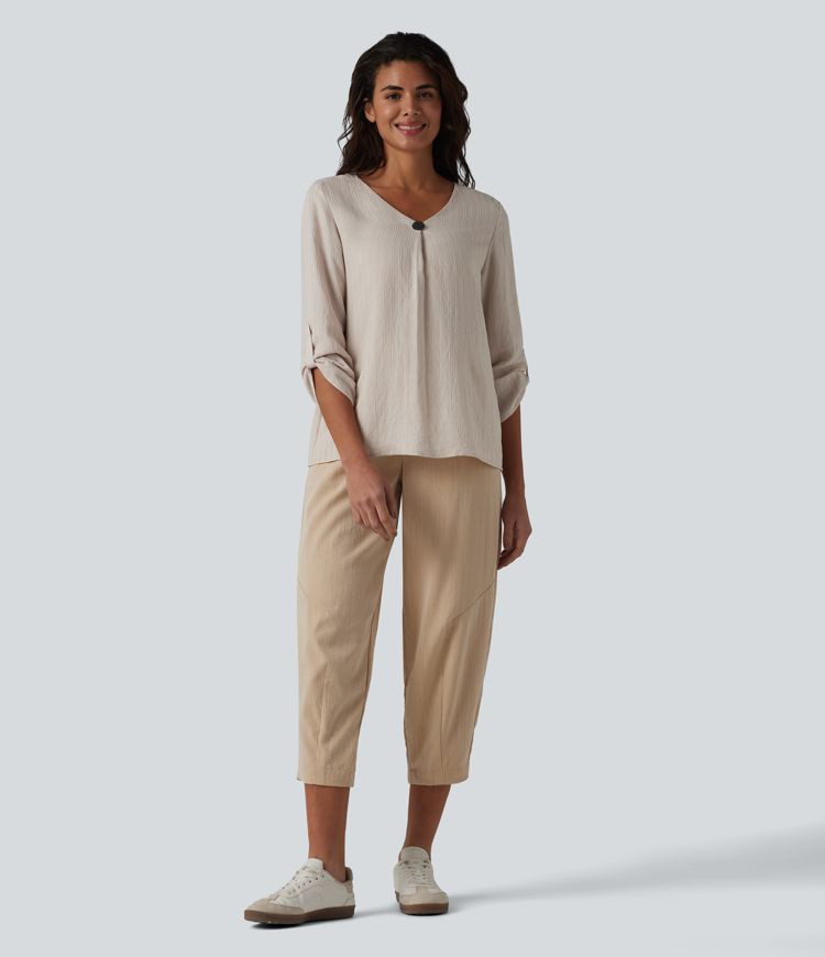 V-neck Roll Up Sleeve Linen-Blend Casual Top