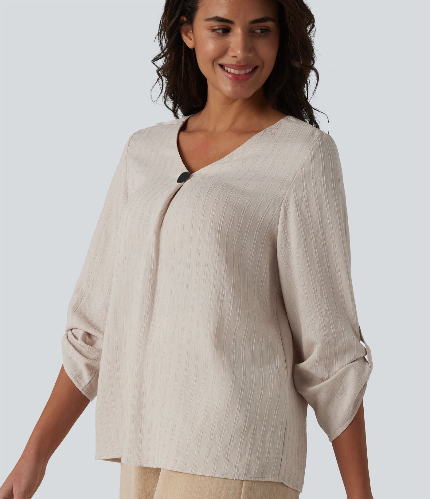 V-neck Roll Up Sleeve Linen-Blend Casual Top