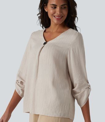 V-neck Roll Up Sleeve Linen-Blend Casual Top