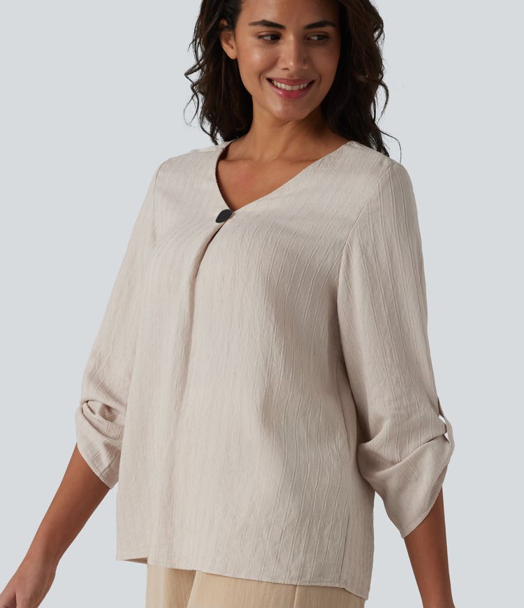 V-neck Roll Up Sleeve Linen-Blend Casual Top